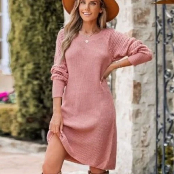 Cupshe NWT M Dusty Pink Sweater HONEY COMB SLEEVES SOFT COMFY CUTE Dress - Picture 1 of 6